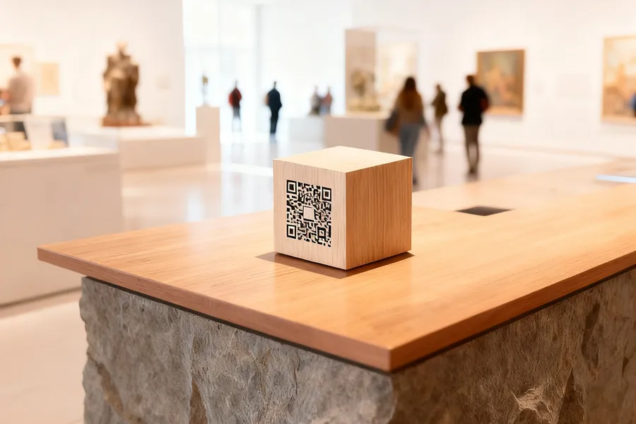 En träkub med QR-kod på en disk i ett galleri.