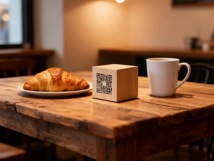En träkub med QR-kod på ett cafébord med kaffe och en croissant.