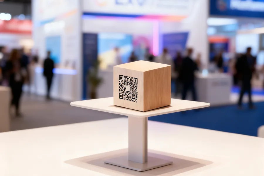 En träkub med QR-kod i en mässmonter.