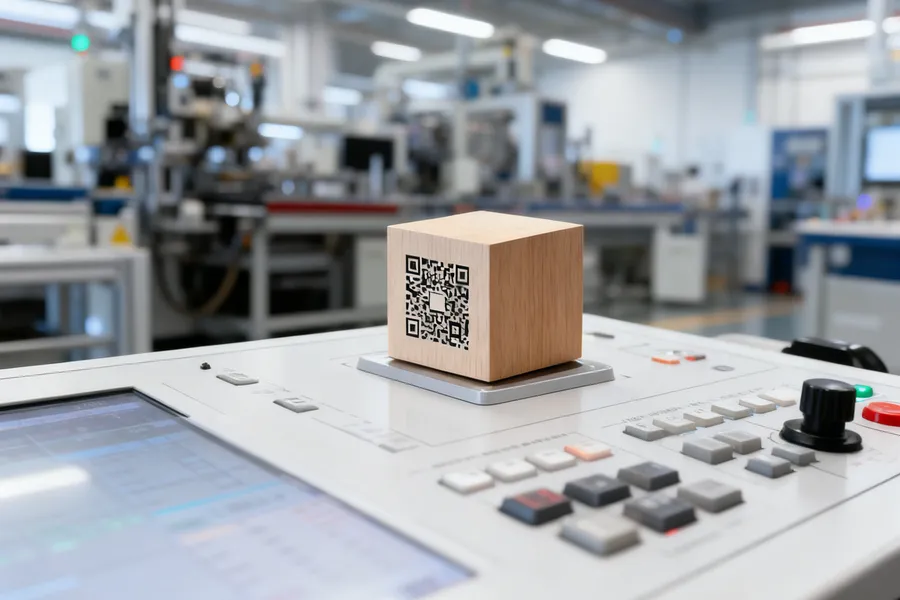 En träkub med QR-kod vid en industriell arbetsstation.