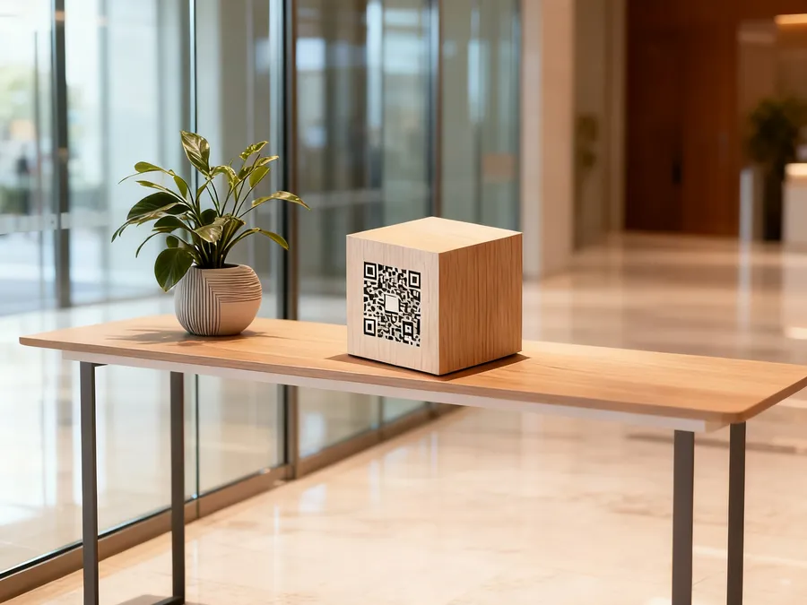 En träkub med QR-kod på ett bord i en ljus hotellobby.