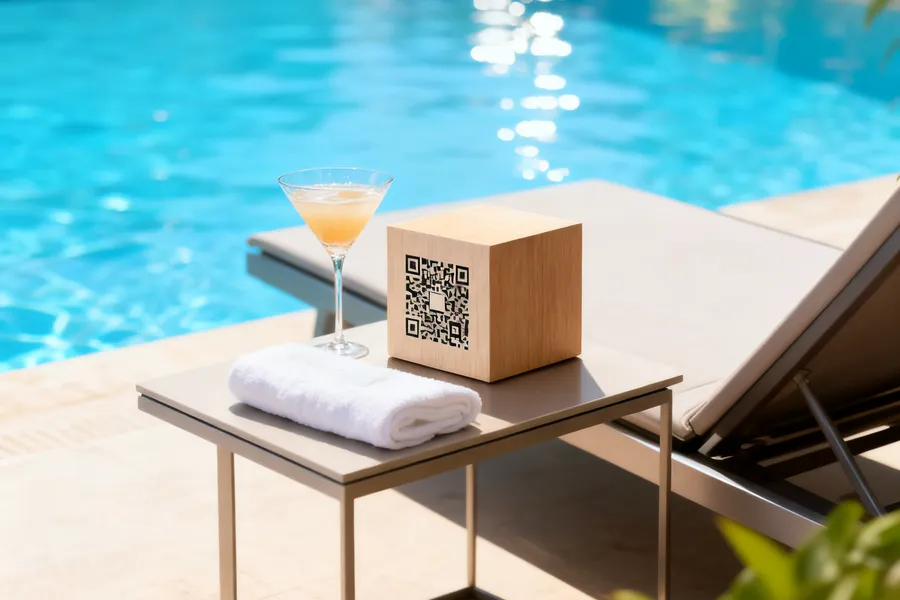 En träkub med QR-kod på ett bord vid poolen.