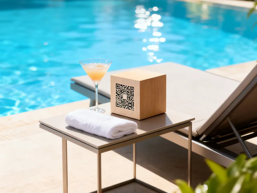 En träkub med QR-kod bredvid en handduk och en drink vid poolen.