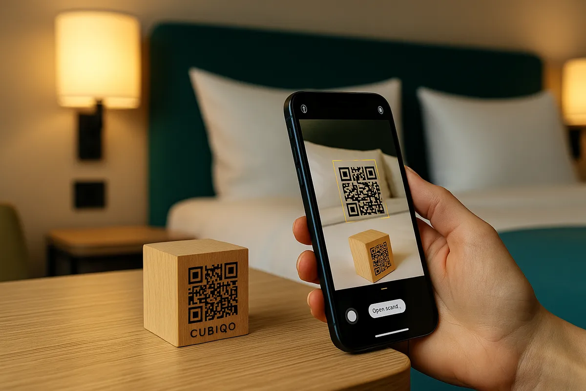 En gäst skannar en Cubiqo-kub i trä med sin telefon på ett hotellrum.