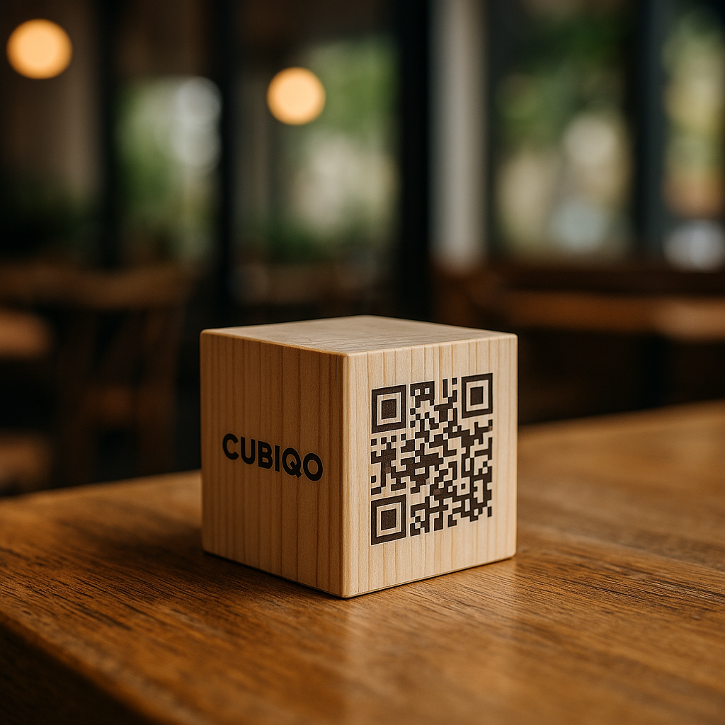 Cubiqo QR träkub i en dämpad café-miljö med bord och stolar