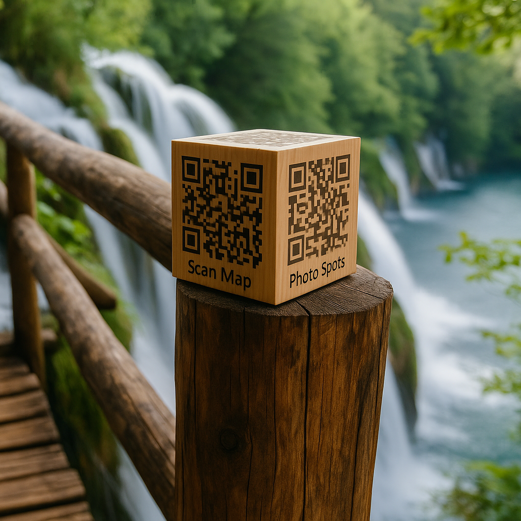 Cubiqo QR träkub för naturvandringar och guidningar